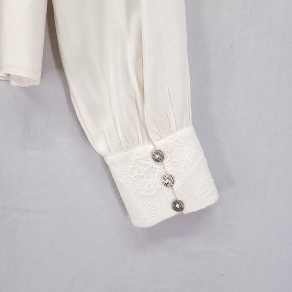 Alice And Olivia Silk Blouse Size Small Ivory With Lace Trim Long Sleeve Lux - Picture 13 of 16